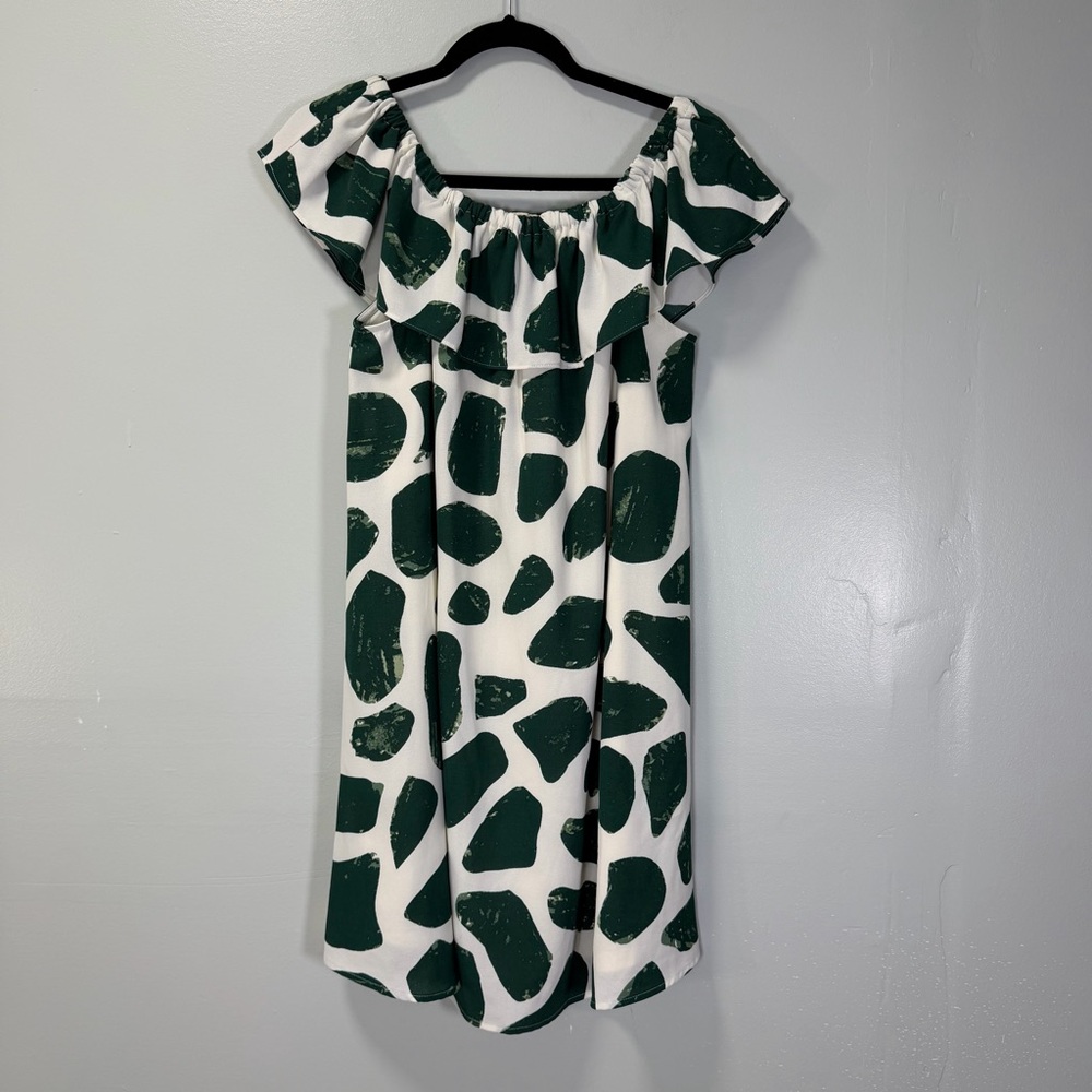 Nine West Green and White Spotted Off-Shoulder Dress Size Medium